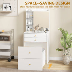HOMCOM Dressing Table with Mirror and Mobile Storage Stool, Compact Vanity Table with Cabinet, Drawers, Open Shelves, White
