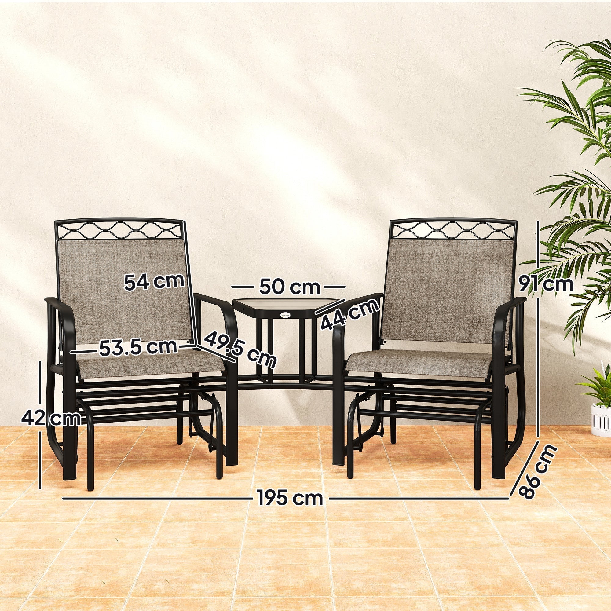 Outsunny Double Outdoor Glider Chair, 2 Seater Patio Rocking Chairs, Swing Bench with Tempered Glass Table, Breathable Mesh Fabric for Backyard, Garden, Porch, Brown