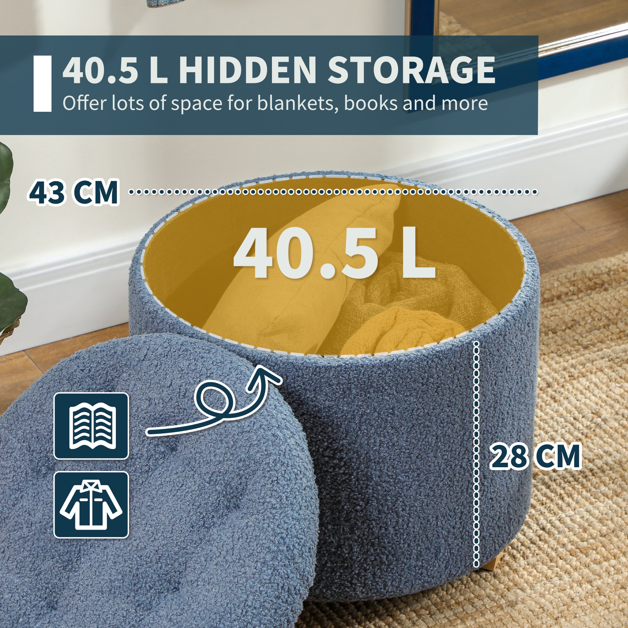 HOMCOM 40.5L Teddy Fleece Storage Ottoman - Blue