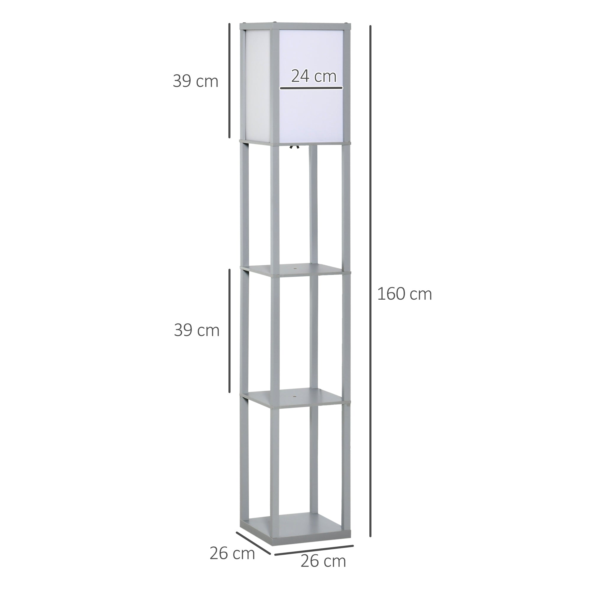 HOMCOM 3-Tier Floor Lamp, Floor Light with Storage Shelf, Reading Standing Lamp with Acrylic Shade for Living Room, Bedroom, Kitchen, Dining Room, Office, Dorm, 160cm, Grey