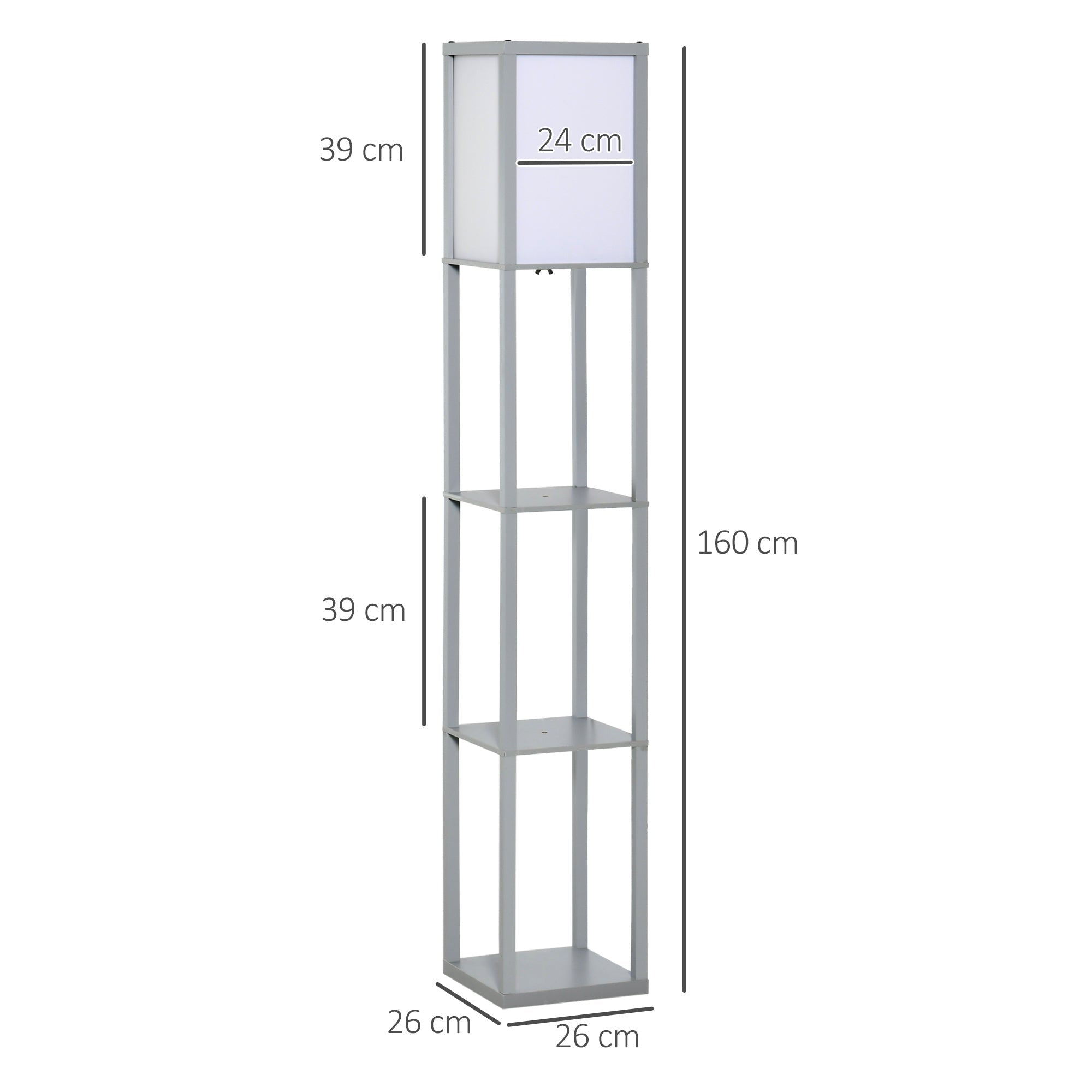 HOMCOM 3-Tier Floor Lamp, Floor Light with Storage Shelf, Reading Standing Lamp with Acrylic Shade for Living Room, Bedroom, Kitchen, Dining Room, Office, Dorm, 160cm, Grey