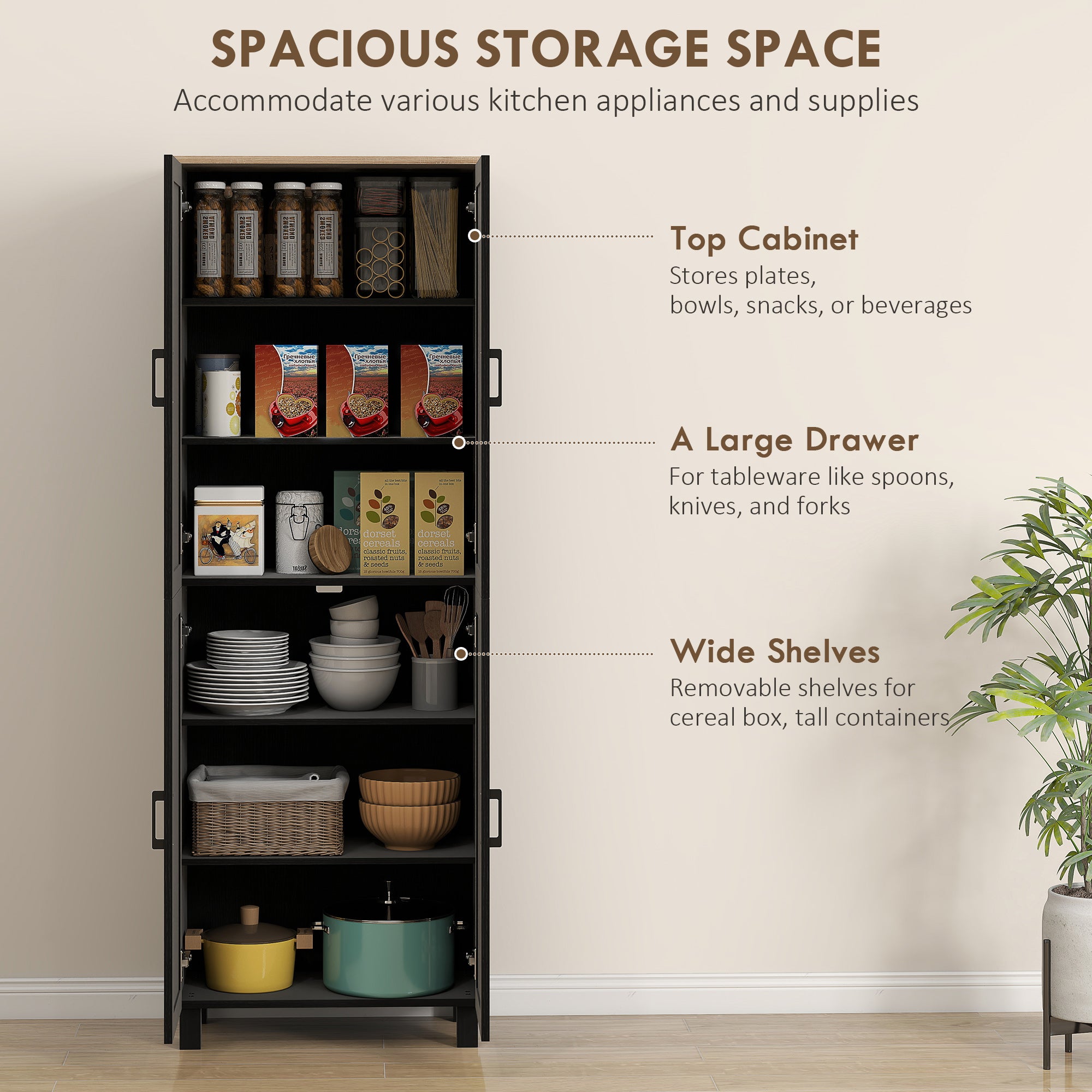 HOMCOM Freestanding Kitchen Cupboard, 4-Door Storage Cabinet with Adjustable Shelves, Modern Kitchen Pantry for Dining Room, 170cm, Black