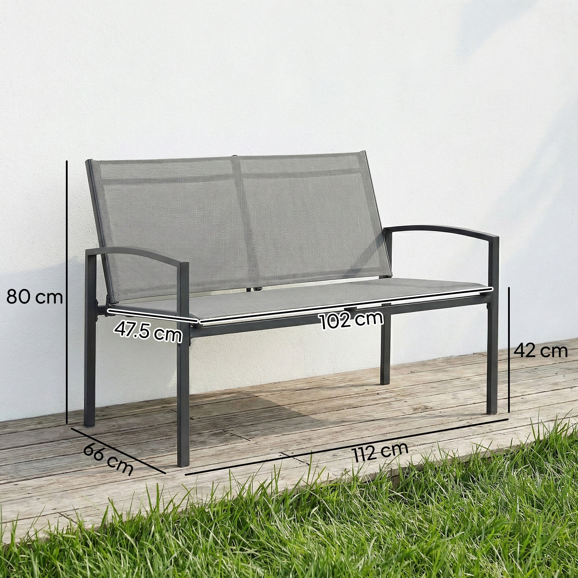 Outsunny Metal Garden Bench, 2 Seater Outdoor Furniture Seating with Breathable Texteline Fabric, Park Patio Seat, Grey