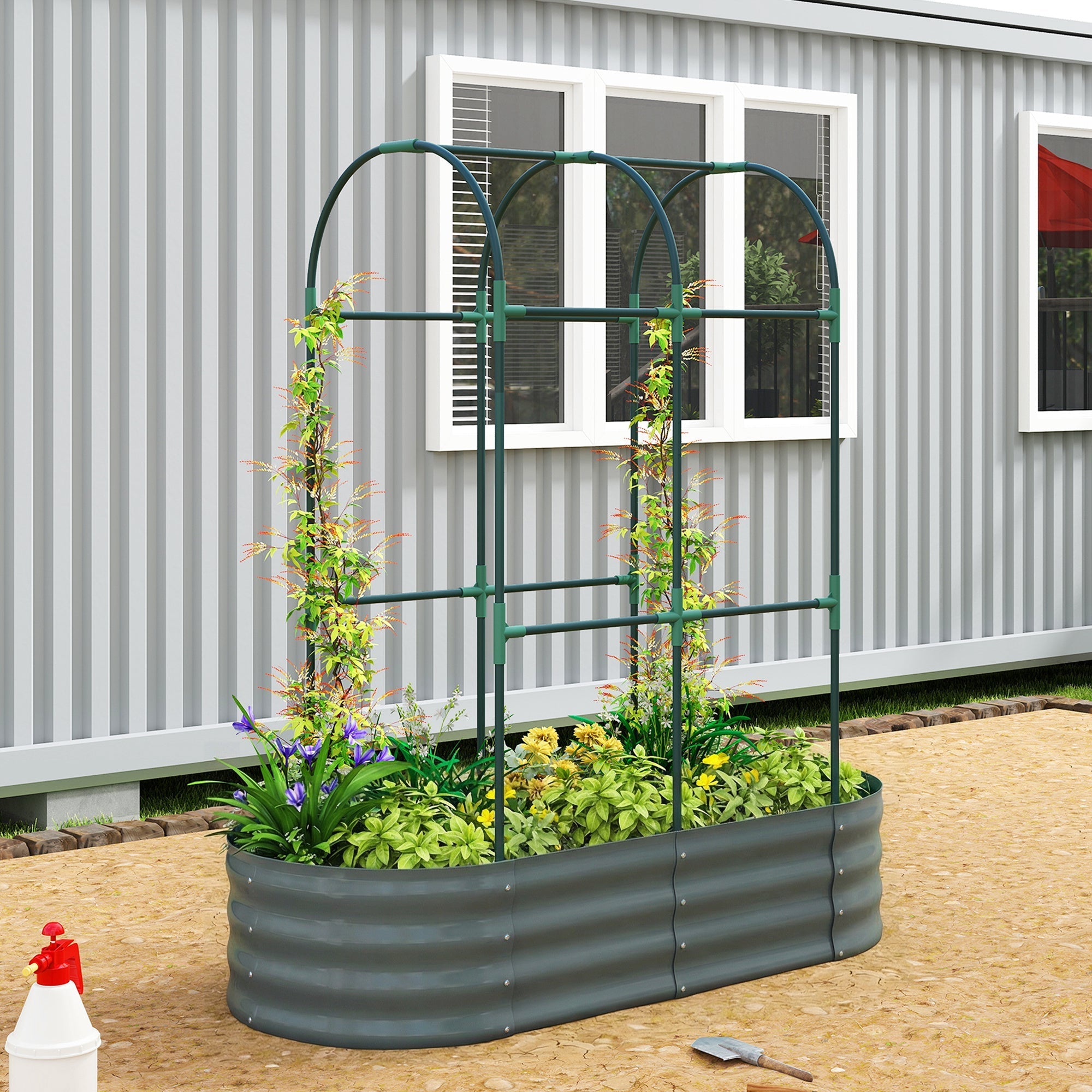Outsunny Galvanised Raised Garden Bed with Arched Trellis, 4 x 2 x 4.6ft Metal Raised Bed for Garden with Open Bottom, Dark Grey