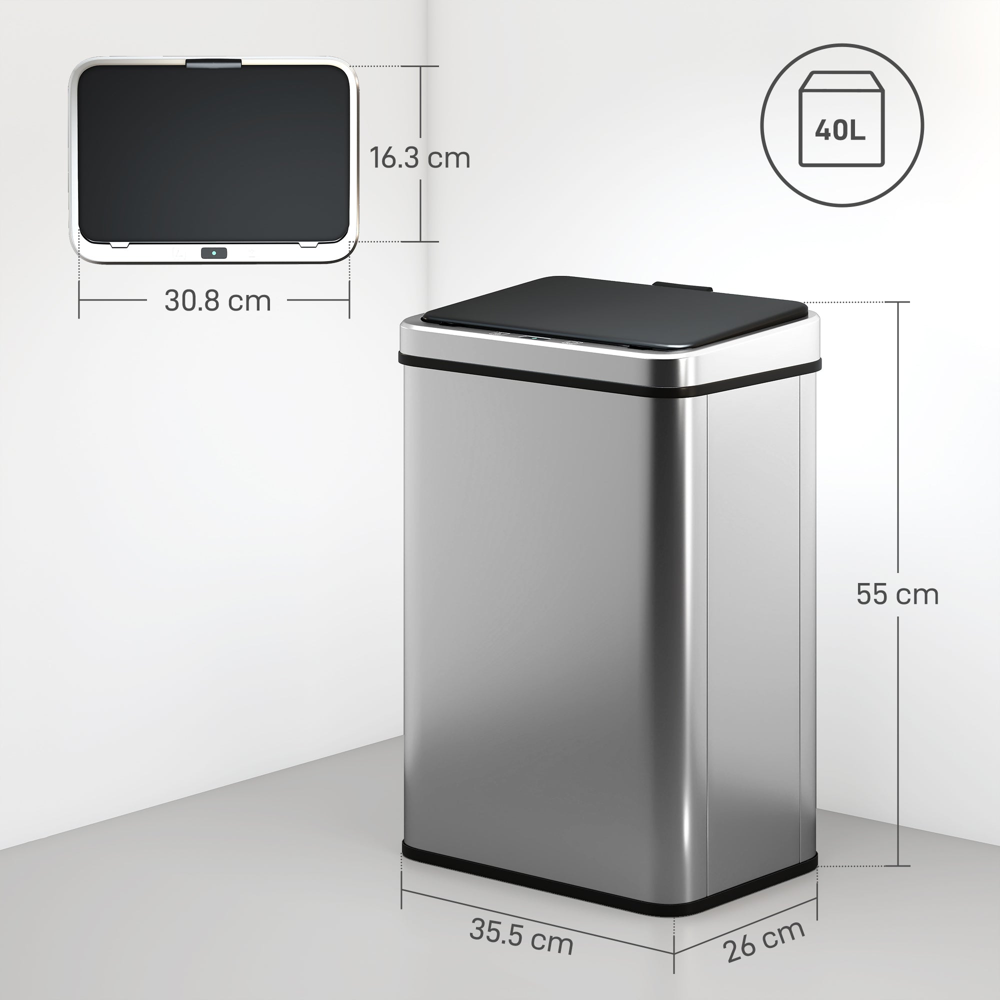 HOMCOM 40L Sensor Bin with Quiet Soft-Close Lid, Automatic Touchless Motion Sensor Kitchen Bin with Fingerprint Resistant Stainless Steel for Hygienic Gyms, Home Office Use, Silver Tone