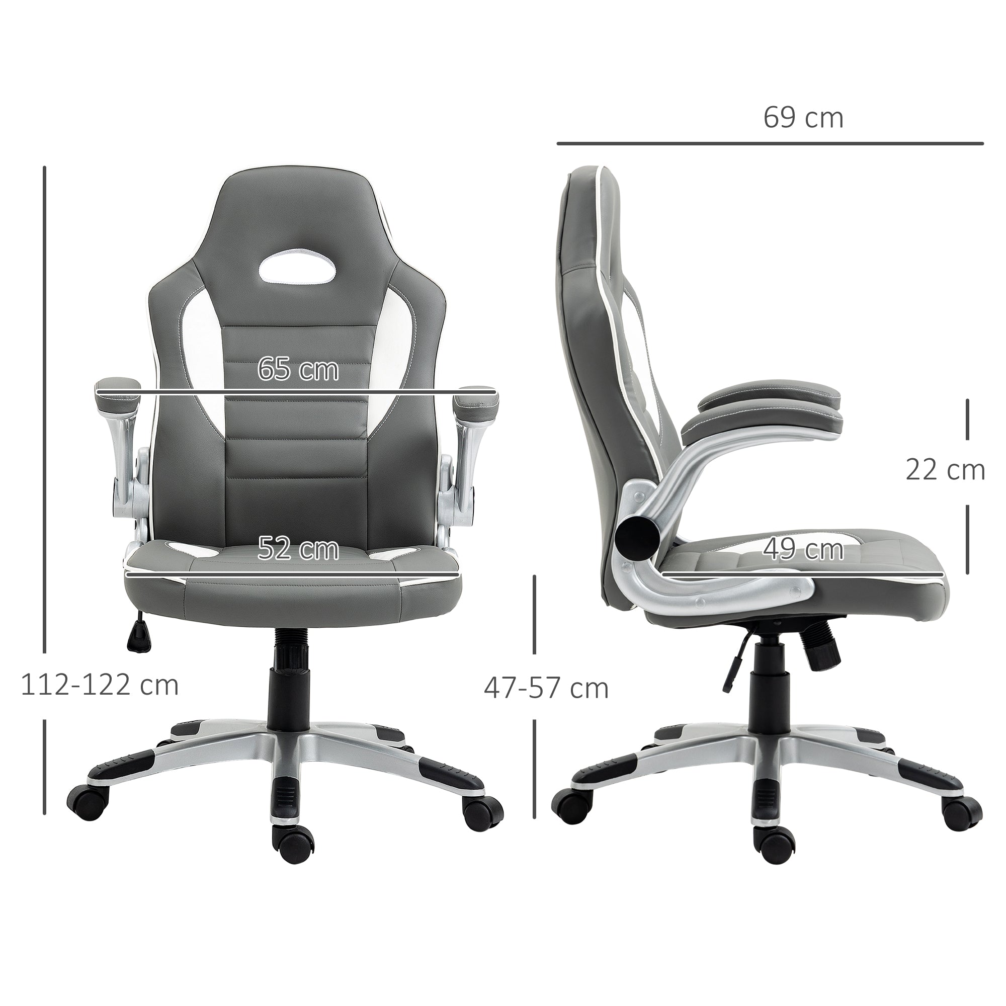 Vinsetto Computer Gaming Chair, Office Desk Swivel Chair, PU Leather Racing Chair with 90  Flip-up Armrest, Adjustable Height and Rolling Wheels, Grey
