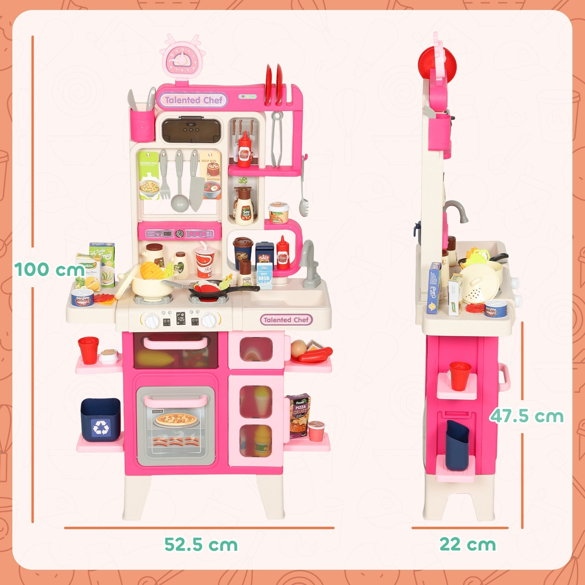 AIYAPLAY Pretend Play Kitchen Set with Realistic Lights & Sounds, 104PCS Toy Kitchen Accessories for Boys and Girls, Pink