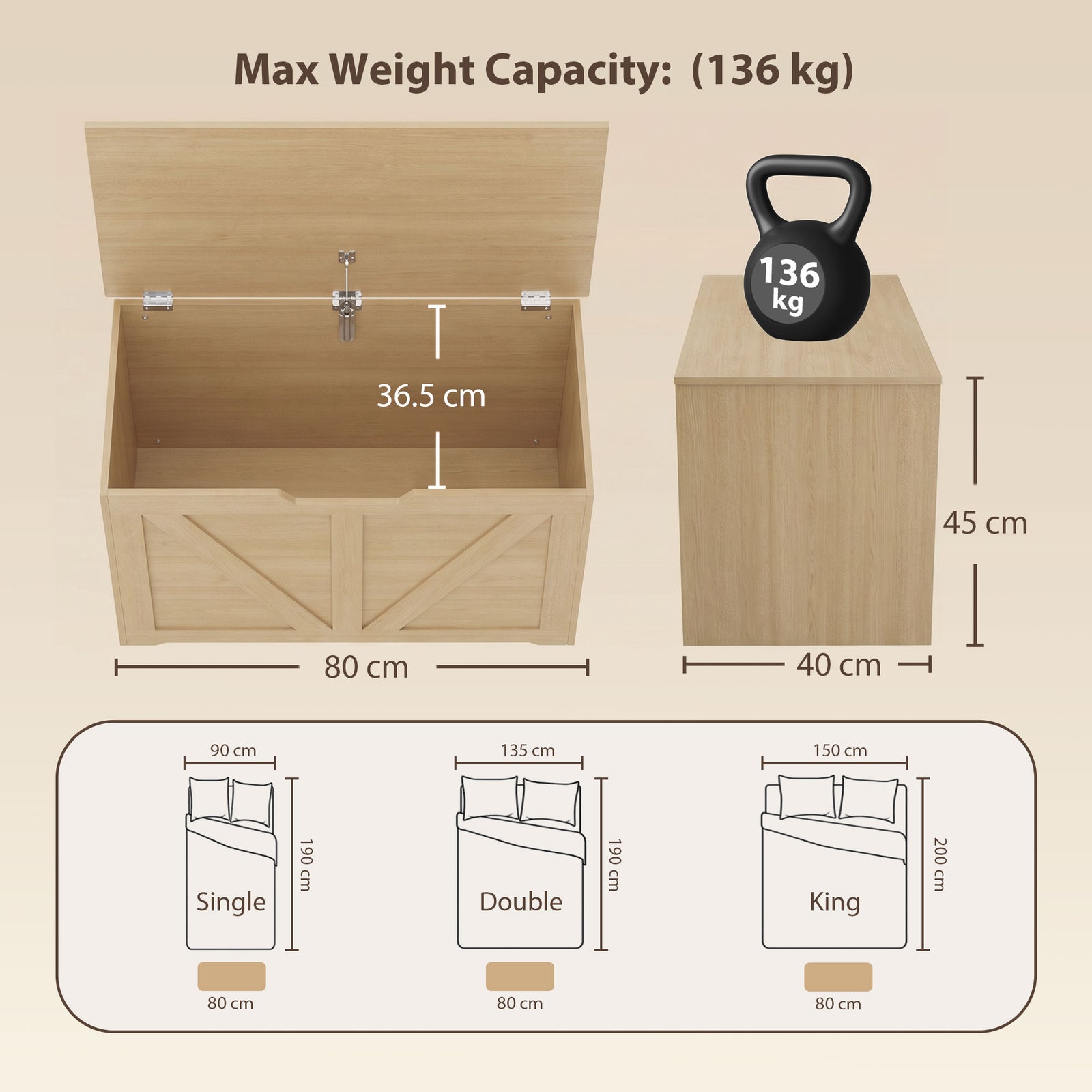 HOMCOM 100L Home Storage Box, with Safety Hinge - Nature Wood Finish