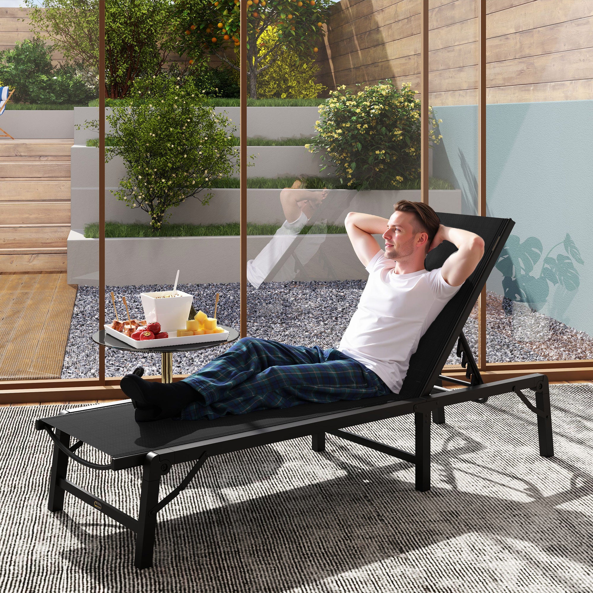 Outsunny Folding Sun Lounger, 5-Position Adjustable Reclining Garden Lounger, Garden Chaise Lounge Sunbed Recliner Chair with Steel Frame for Beach, Porch, Patio, Camping, Black