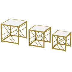 HOMCOM Nesting Coffee Tables, Set of 3 Square Side Tables with Black Metal Frame, for Living Room, Bedroom and Office, White
