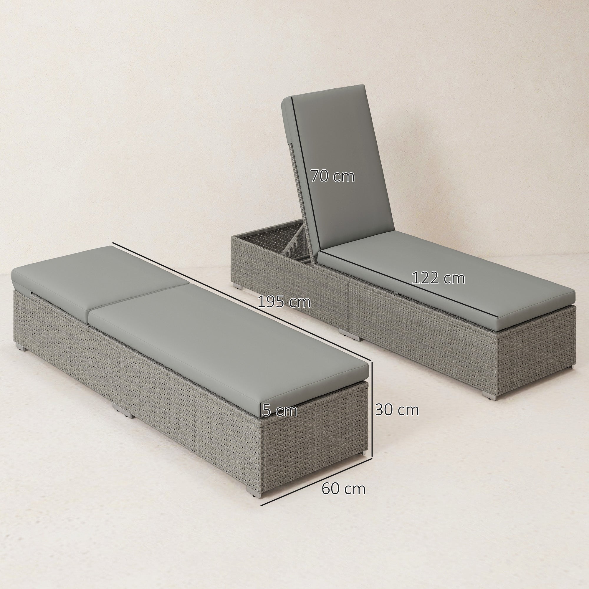 Outsunny Rattan Sun Lounger, Five-Position Reclining Garden Lounger Bed with Cushion, Light Grey