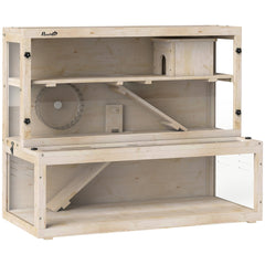 PawHut Wooden Hamster Cage with Hut, Wheel, Ramps, Removable Viewing Panels, 100 x 50 x 84 cm, Natural Wood