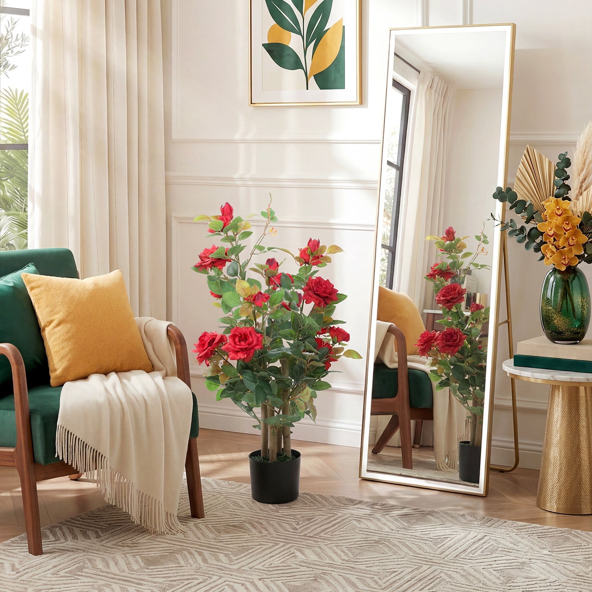 HOMCOM 90cm Artificial Rose Tree, Decorative Fake Plant with 344 Silk Leaves 17 Flowers for Outdoor Indoor Decor, Red