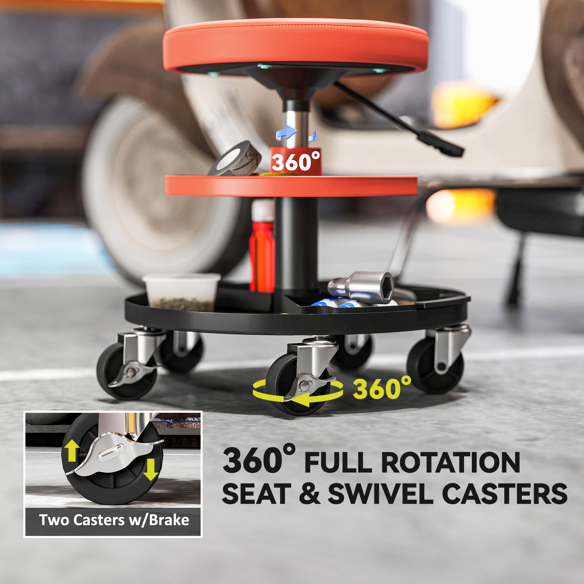 HOMCOM Rolling Mechanic Stool, 135kg Capacity Workshop Stool, 360√Ç¬∞ Swivel Roller Padded Creeper Seat with Wheels, Tool Trays Storage for Garage, Shop, Auto Repair, Yellow