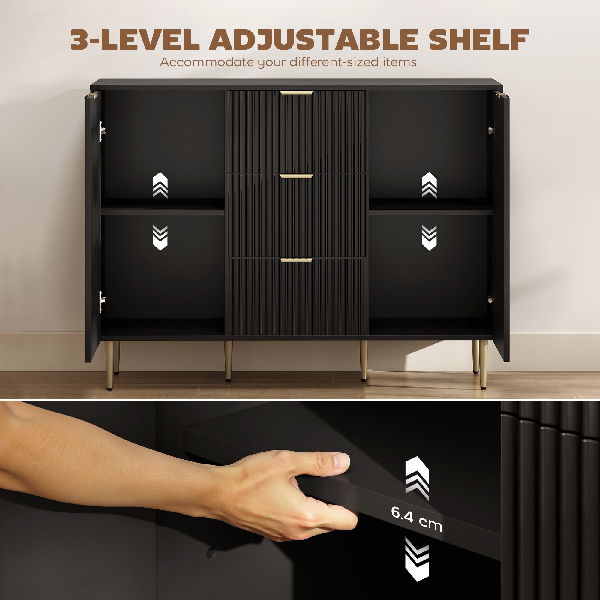 HOMCOM 2-Door Sideboard with 3 Drawers and Adjustable Shelves - Black
