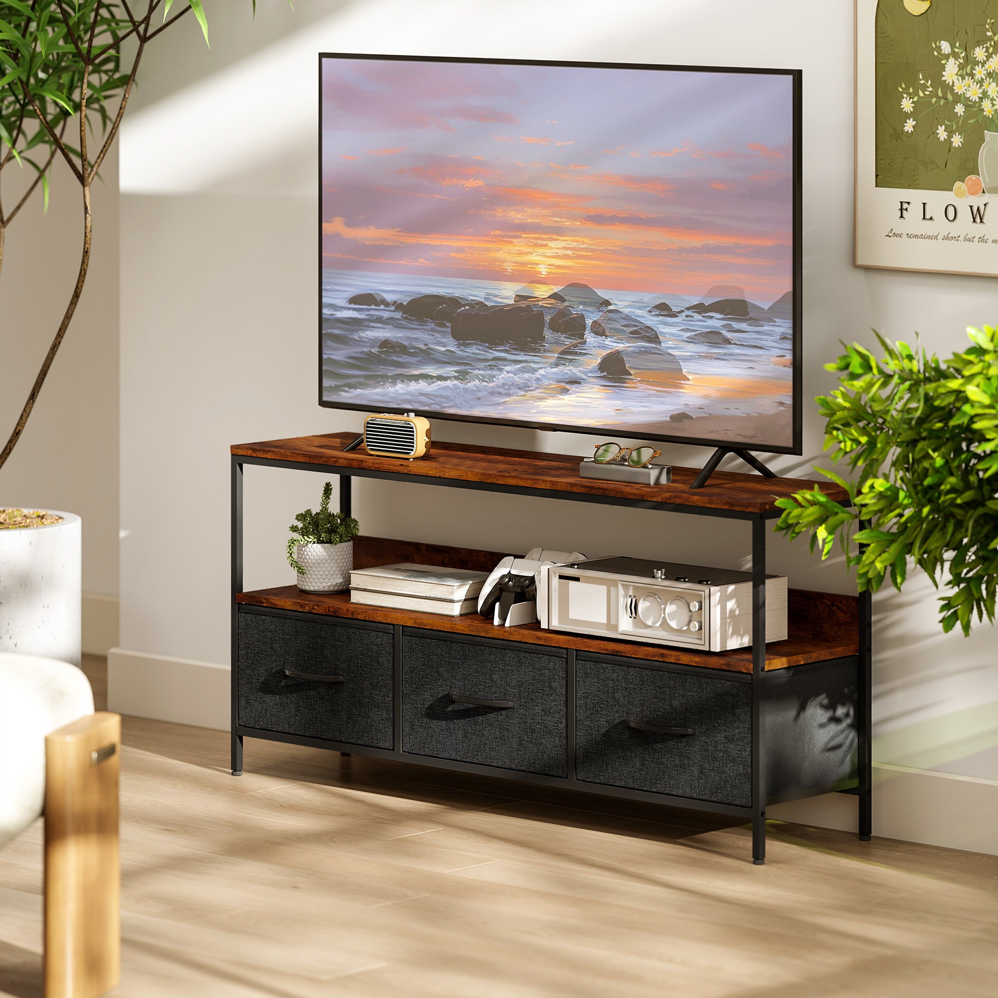 HOMCOM TV Stand Cabinet with 3 Foldable Drawers - Rustic Brown