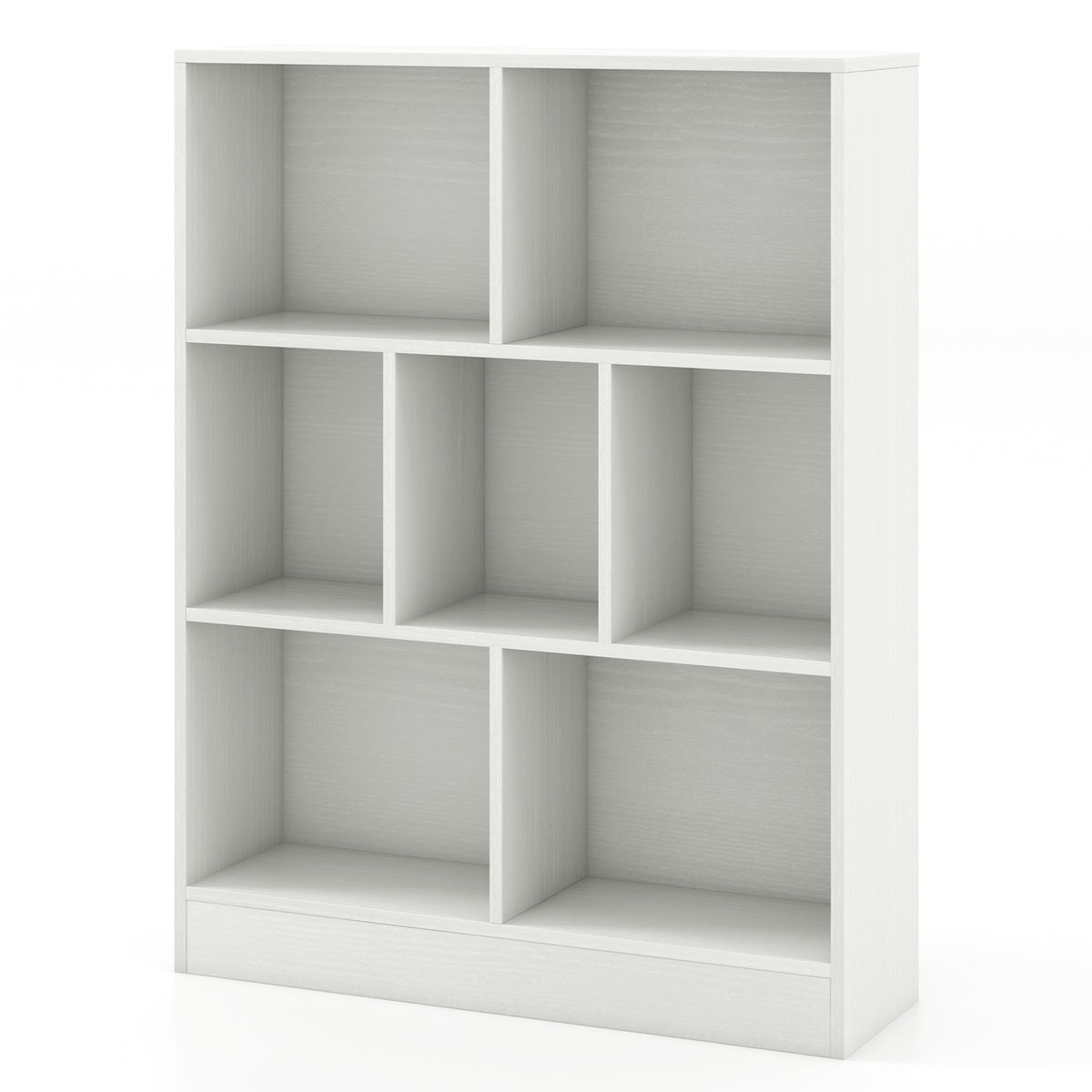 Empty white cube shelving unit with seven compartments