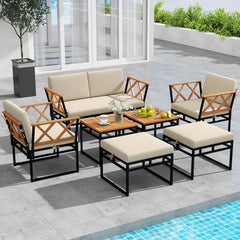 7 Piece Outdoor Conversation Set with Ottomans for Porch-Beige