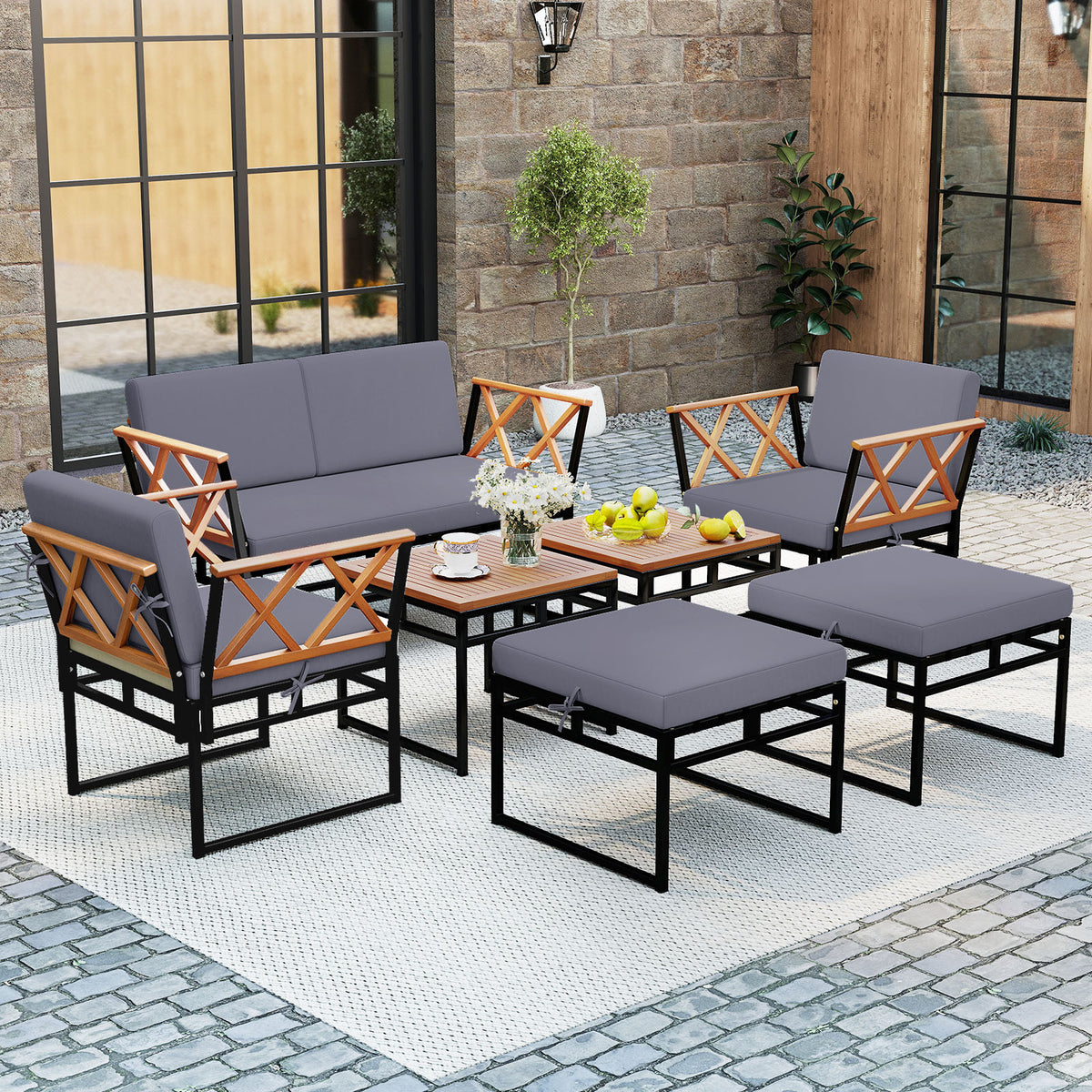 7 Piece Outdoor Conversation Set with Ottomans for Porch-Grey