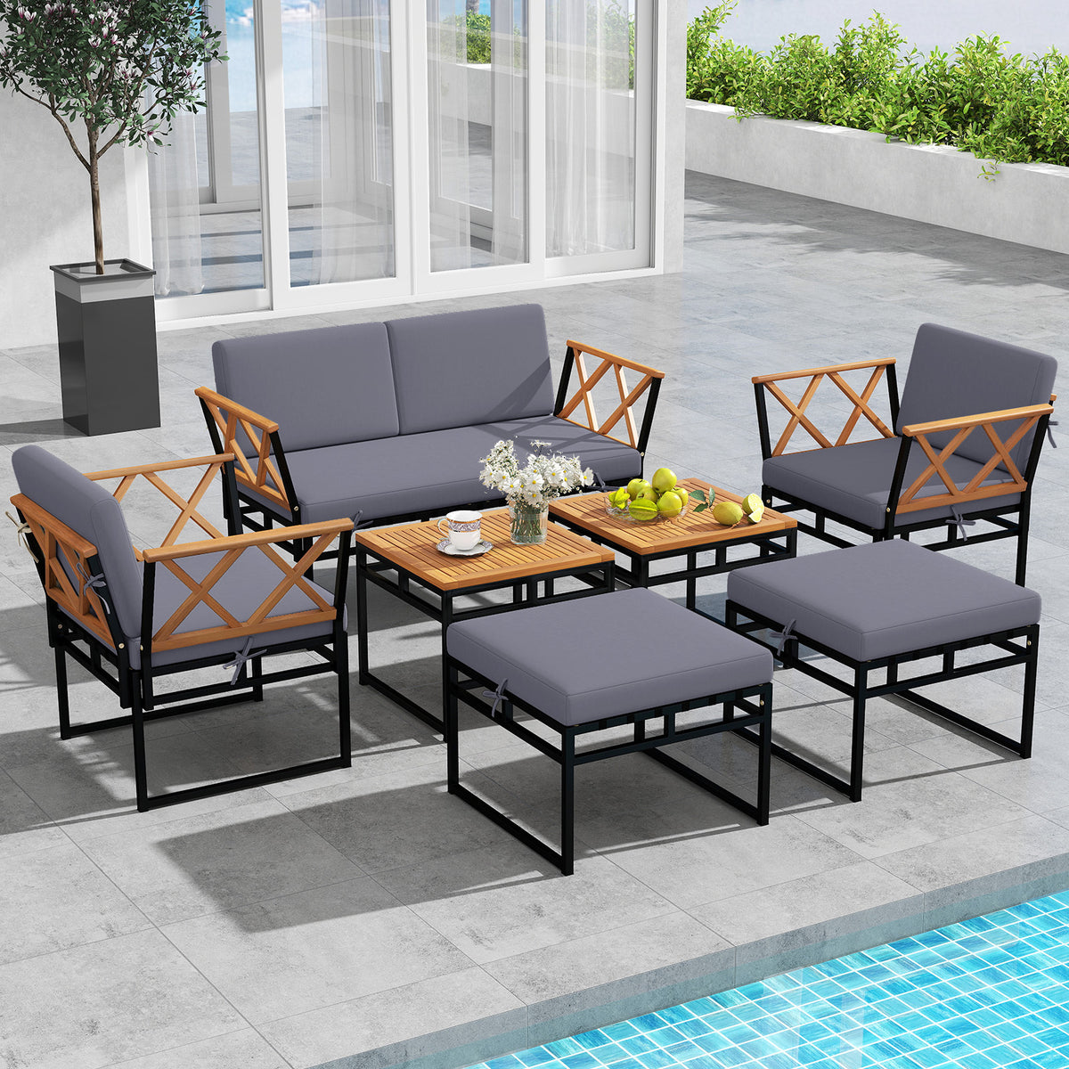 7 Piece Outdoor Conversation Set with Ottomans for Porch-Grey