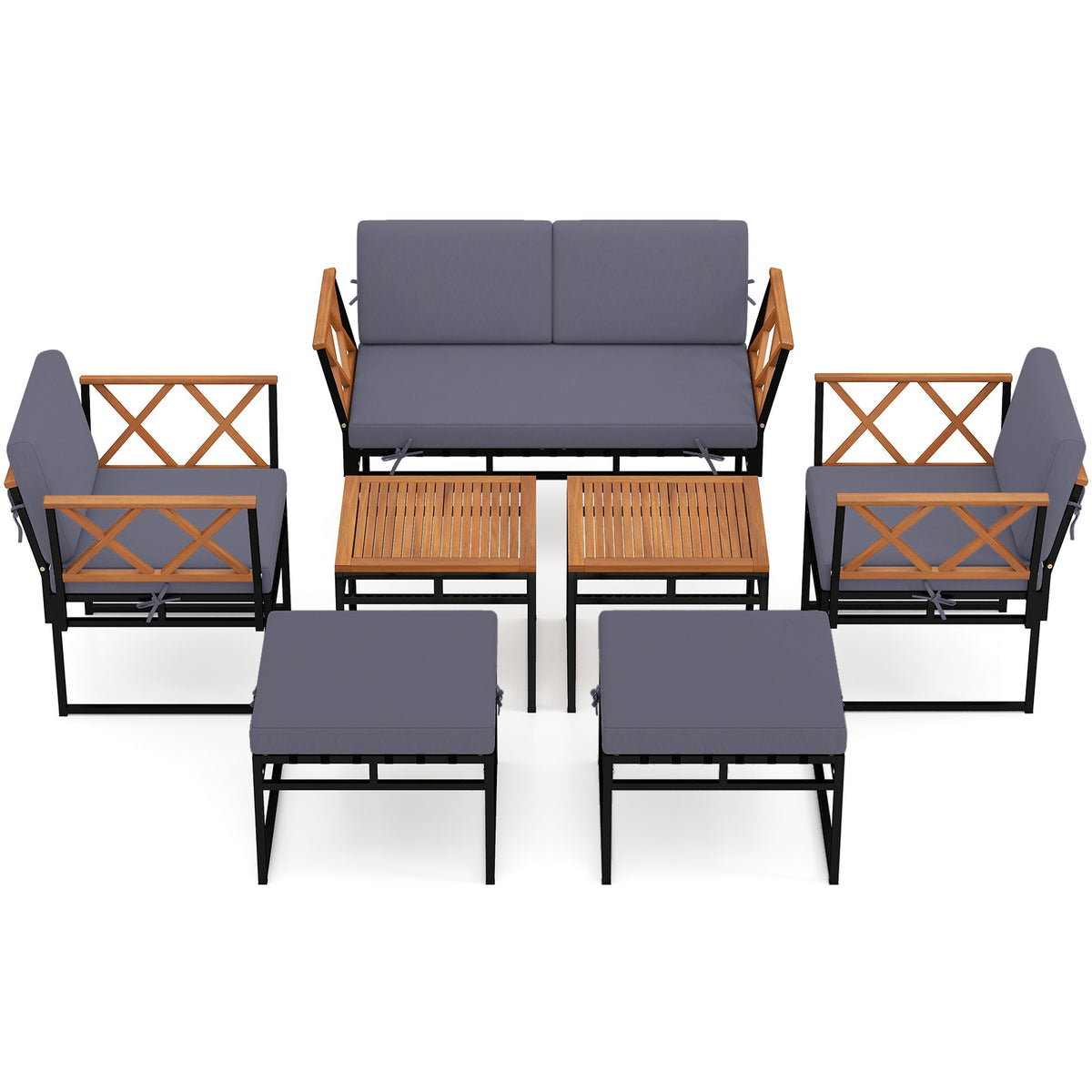 7 Piece Outdoor Conversation Set with Ottomans for Porch-Grey