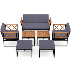 7 Piece Outdoor Conversation Set with Ottomans for Porch-Grey