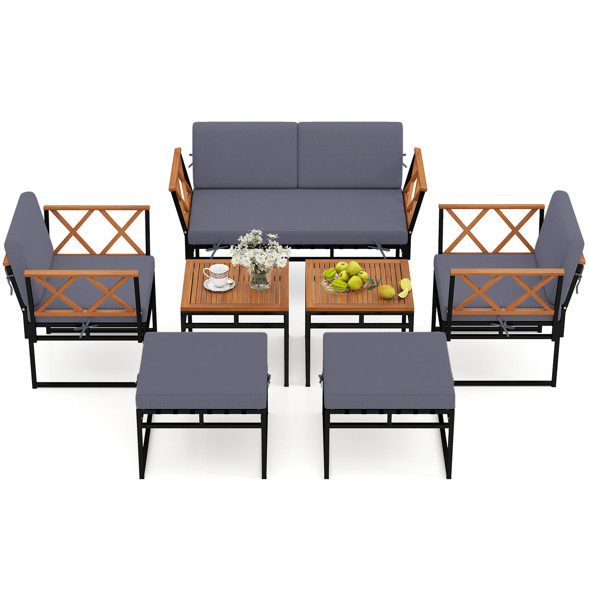 7 Piece Outdoor Conversation Set with Ottomans for Porch-Grey