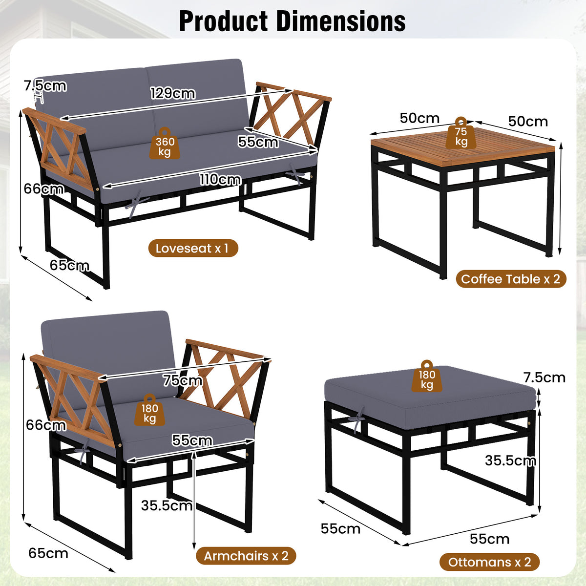 7 Piece Outdoor Conversation Set with Ottomans for Porch-Grey