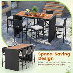 7-Piece Patio Bar Dining Set PE Rattan Furniture Set with Acacia Wood Tabletop and Soft Cushions-White