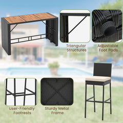 7-Piece Patio Bar Dining Set PE Rattan Furniture Set with Acacia Wood Tabletop and Soft Cushions-White
