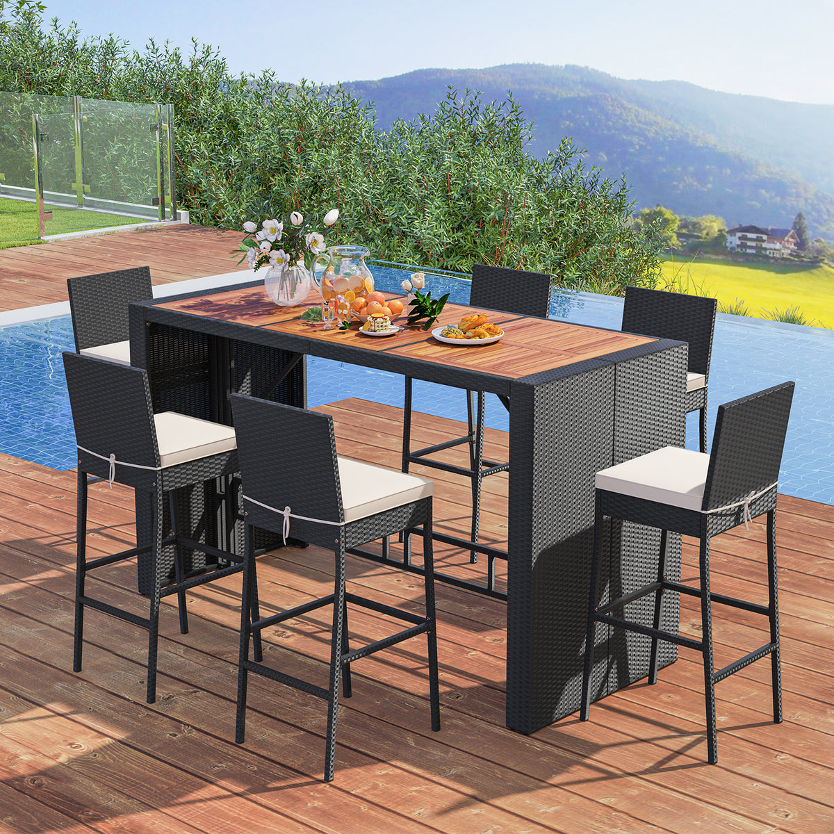 7-Piece Patio Bar Dining Set PE Rattan Furniture Set with Acacia Wood Tabletop and Soft Cushions-White
