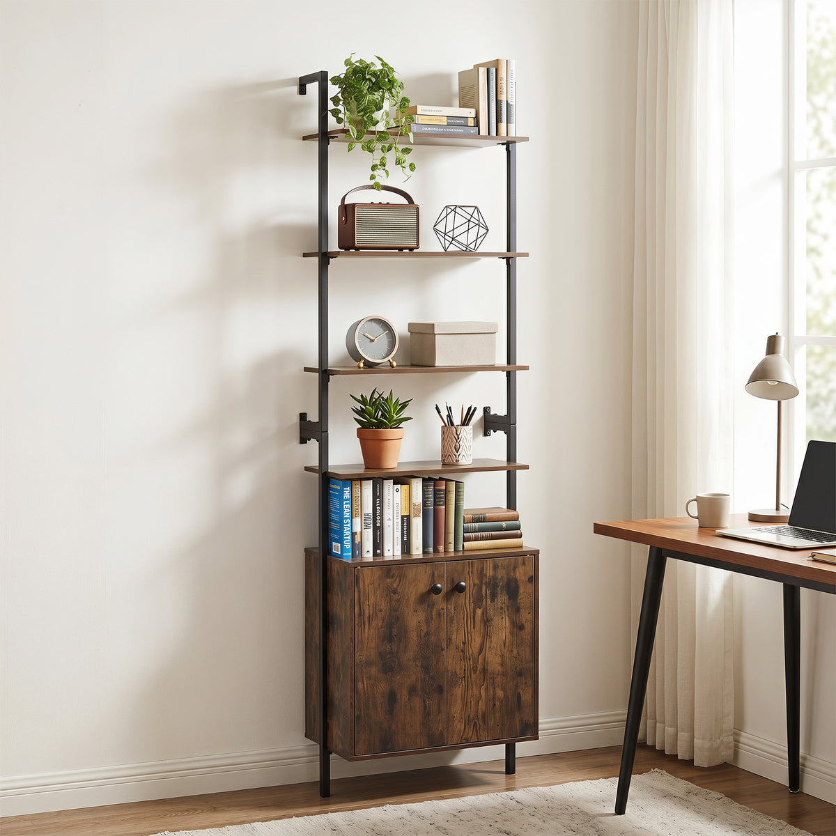 7-Tier Ladder Bookshelf with 2-Door Cabinet and 4 Shelves-Rustic Brown