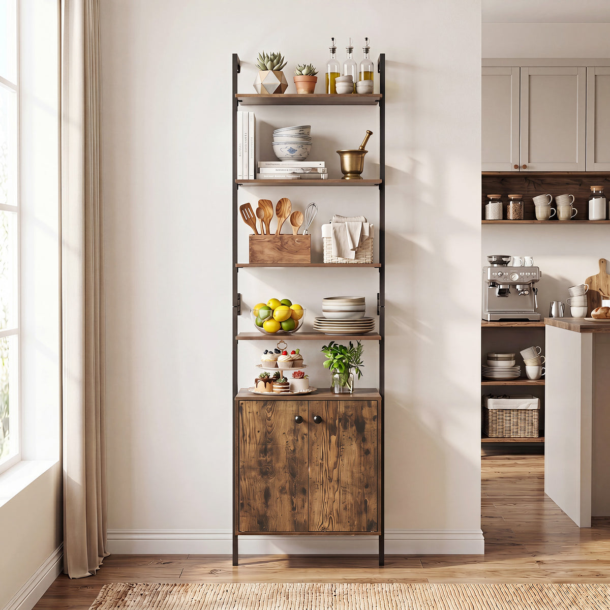 7-Tier Ladder Bookshelf with 2-Door Cabinet and 4 Shelves-Rustic Brown