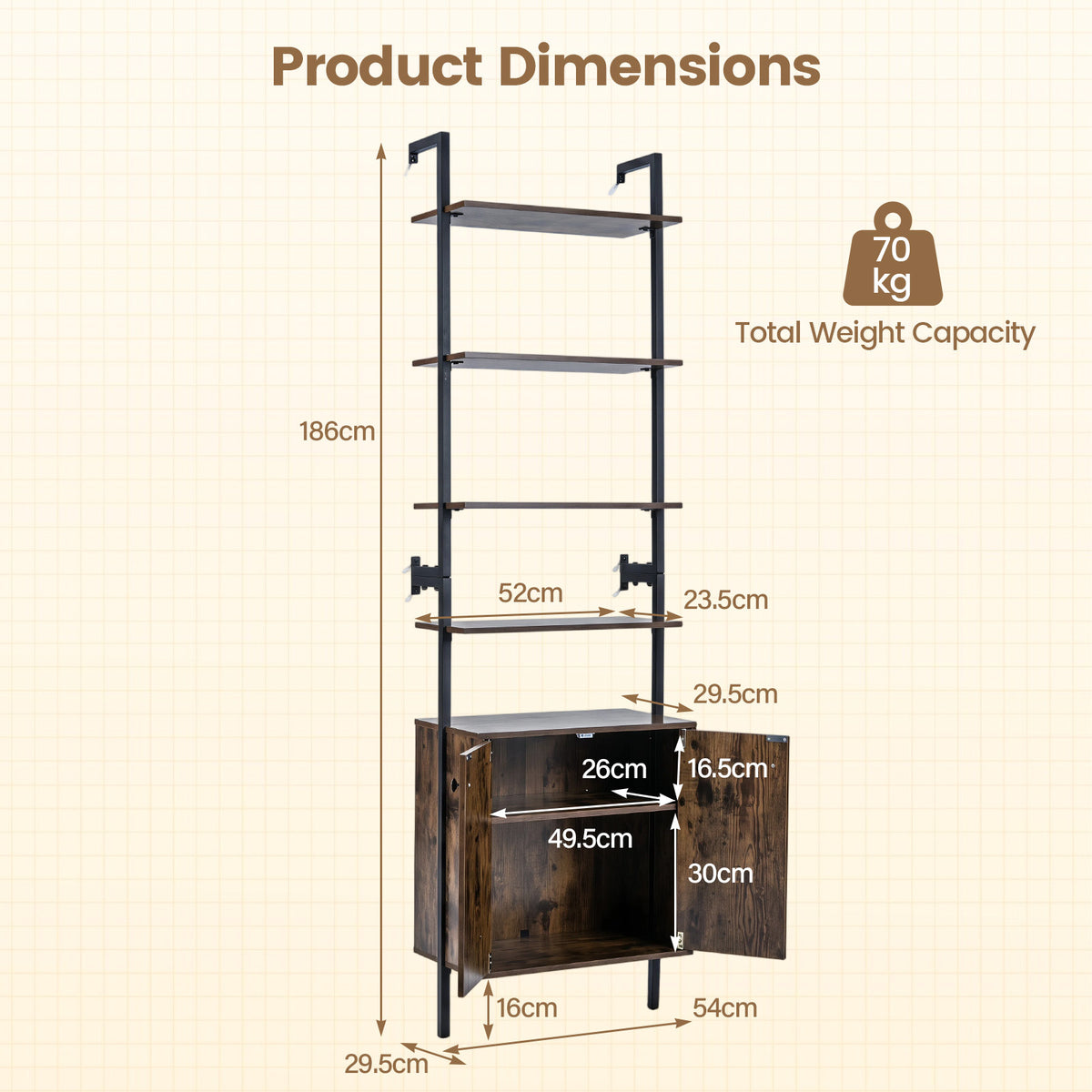 7-Tier Ladder Bookshelf with 2-Door Cabinet and 4 Shelves-Rustic Brown