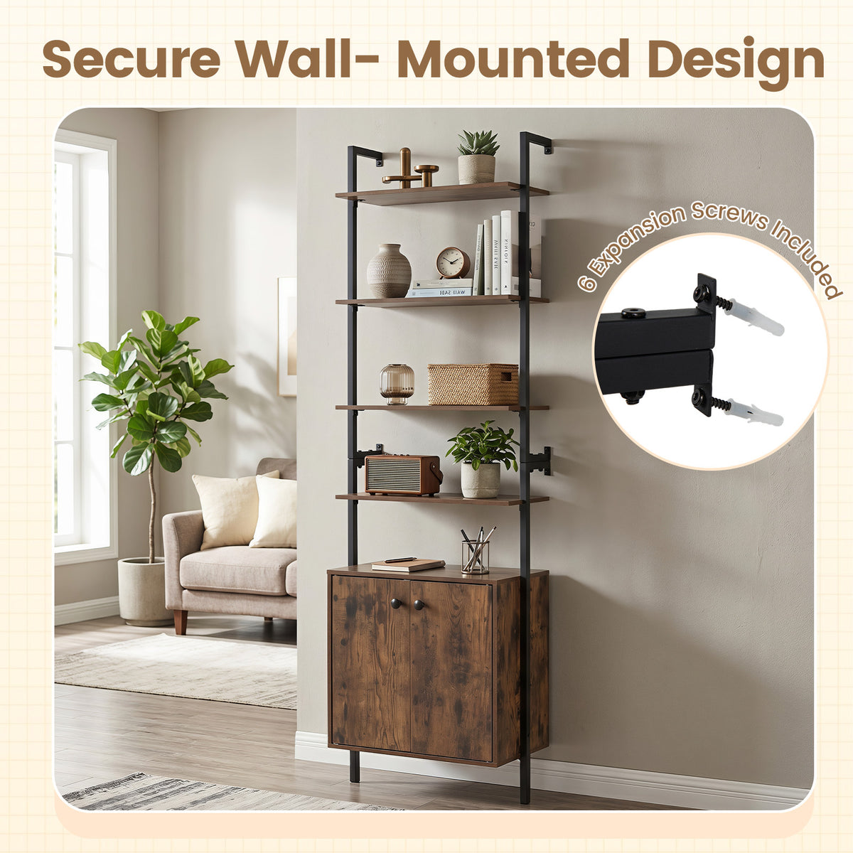 7-Tier Ladder Bookshelf with 2-Door Cabinet and 4 Shelves-Rustic Brown
