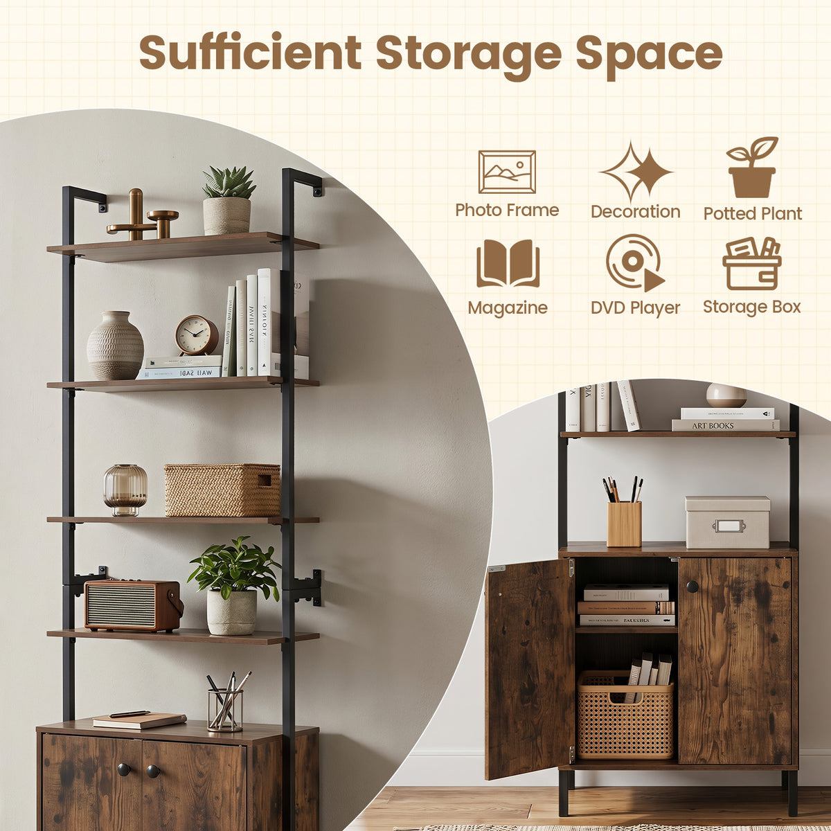7-Tier Ladder Bookshelf with 2-Door Cabinet and 4 Shelves-Rustic Brown