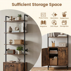 7-Tier Ladder Bookshelf with 2-Door Cabinet and 4 Shelves-Rustic Brown