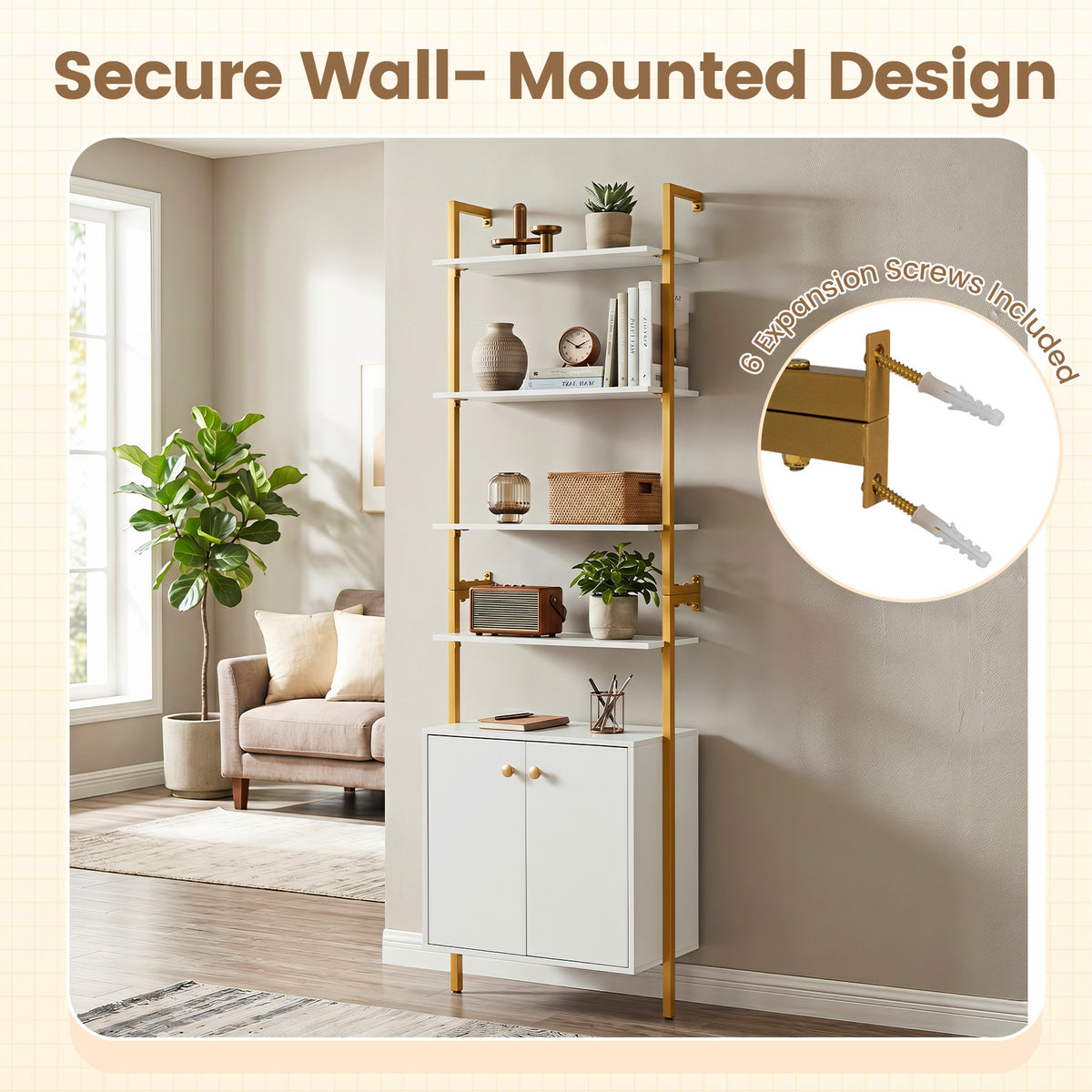 7-Tier Ladder Bookshelf with 2-Door Cabinet and 4 Shelves-White