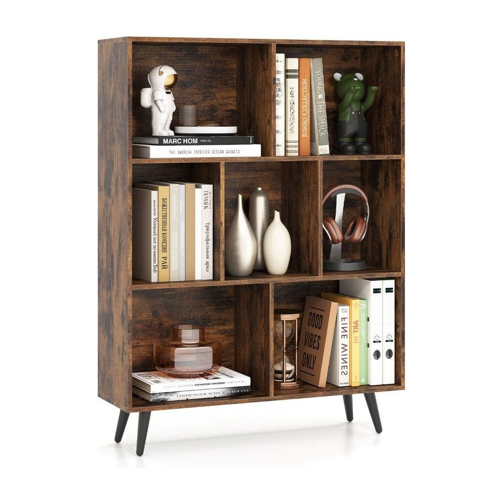 7-Cube Bookcase Mid Century Modern Storage Organizer filled with books and decorative items