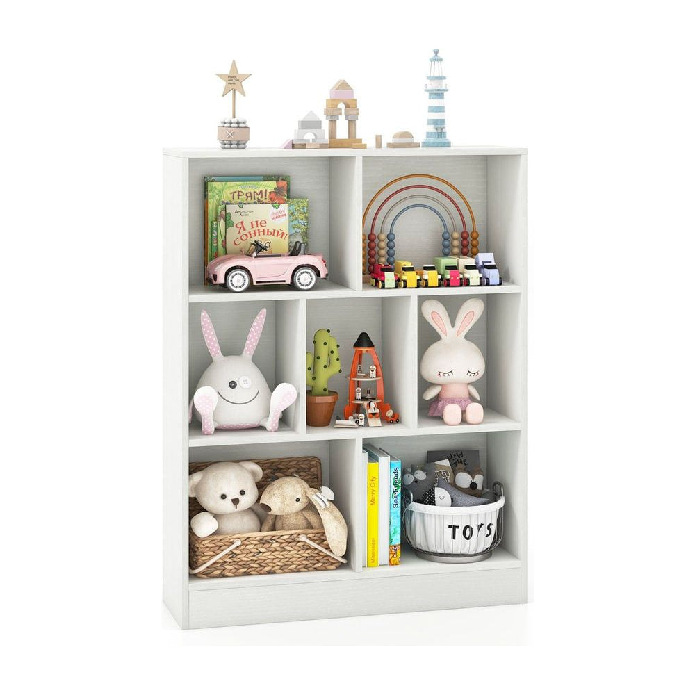 7-Cube Bookshelf with seven open cubes and a base shelf, shown in white