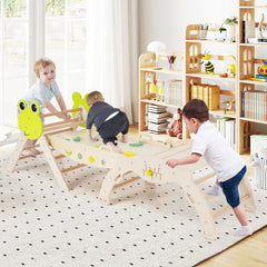 7-in-1 Triangle Set for Kids Frog Climbing Frame with Ramp and Foldable Triangle-Natural