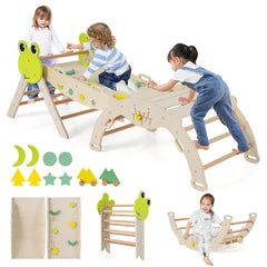 7-in-1 Triangle Set for Kids Frog Climbing Frame with Ramp and Foldable Triangle-Natural
