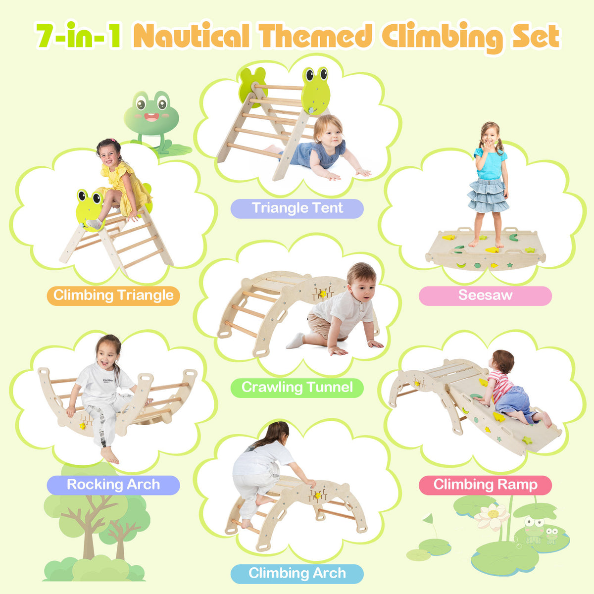 7-in-1 Triangle Set for Kids Frog Climbing Frame with Ramp and Foldable Triangle-Natural