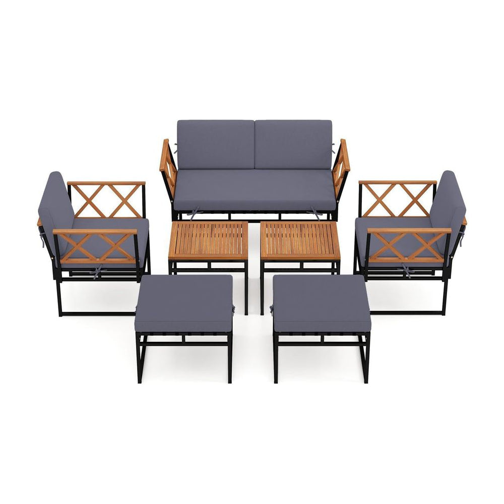 7 Piece Outdoor Conversation Set with Ottomans for Porch shown from a high angle on a white background