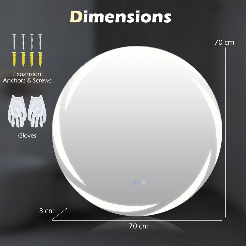 The round LED mirror with dimensions and included fixings and gloves