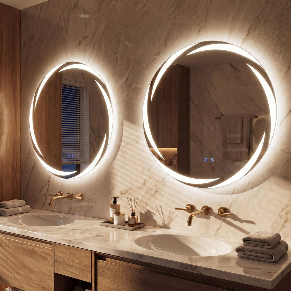 Two 70 cm Round LED Bathroom Mirrors with Memory Function illuminated above twin sinks