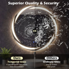 The round LED mirror showing tempered glass versus ordinary glass comparison