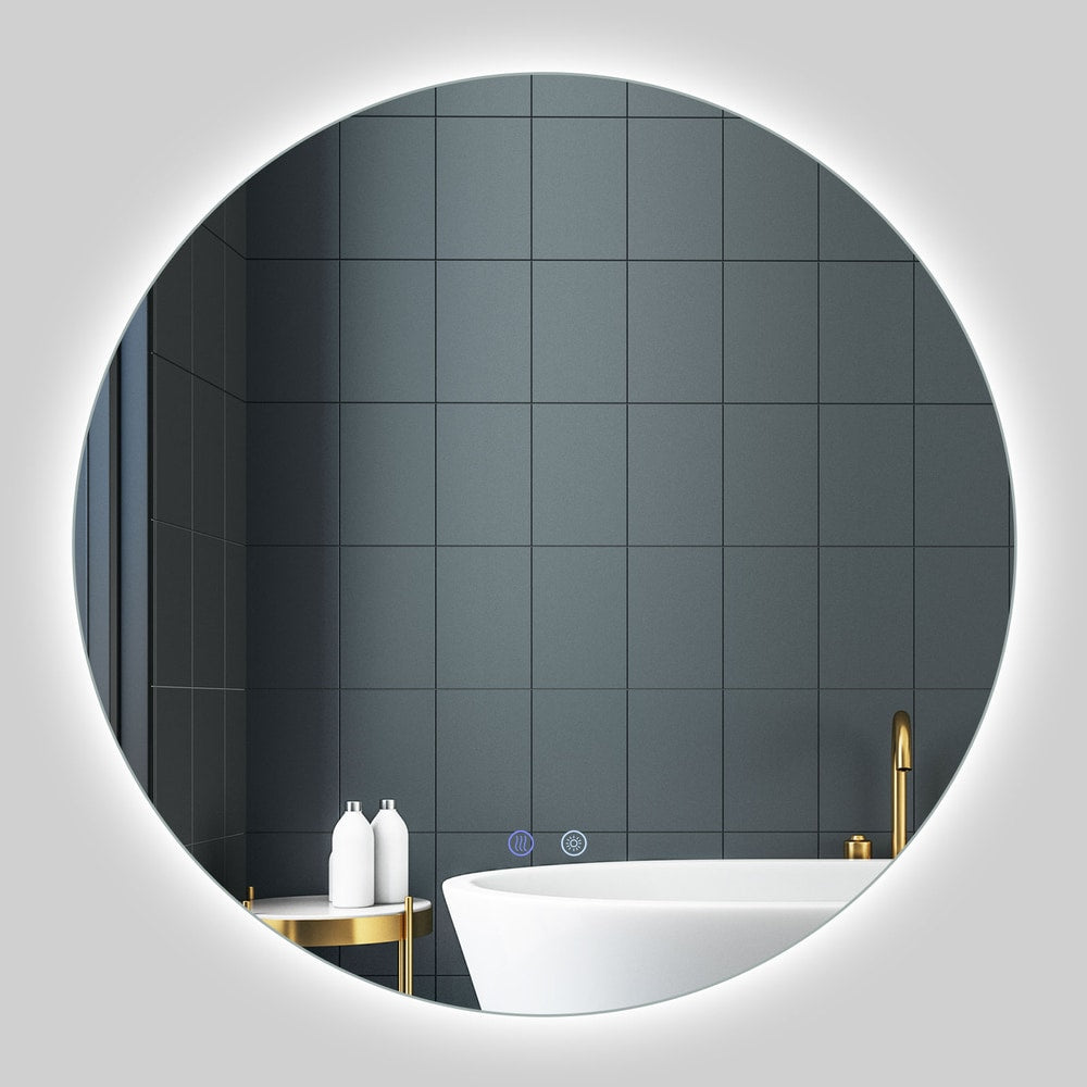 Close up of the 70 cm Round LED Lighted Mirror with a white bathtub and gold tap