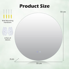 Diagram showing the size of the round LED lighted mirror and wall mounting hardware