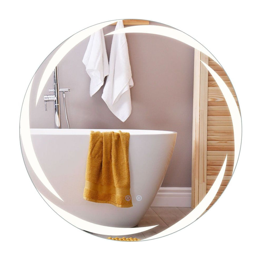 70 cm Round LED Bathroom Mirror with Memory Function illuminated in a bathroom setting next to a bathtub